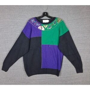 Santoria Womens Sweater Large Blue Green Sequin Colorblock Knit 90s 80s Vintage